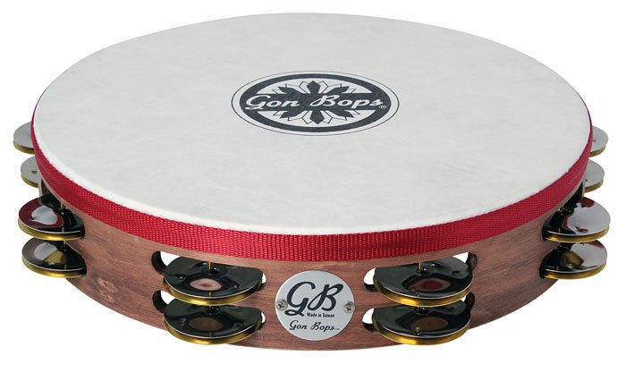 10" Tamborine Gon Bops De Madera Con Dobles Sonajas Con Parche Ptamwh2